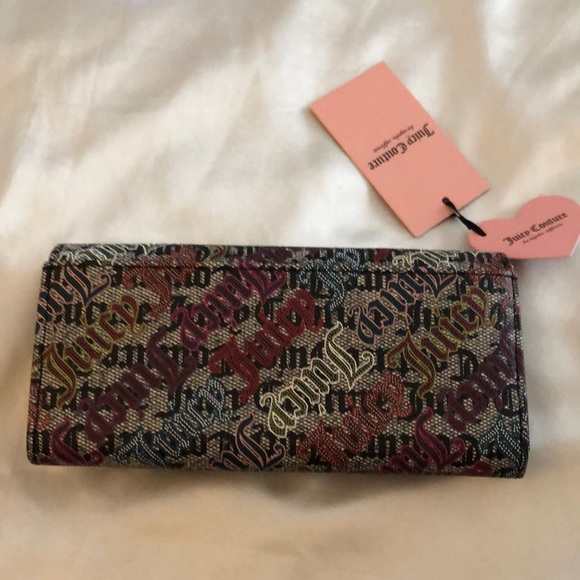Juicy Couture Black Beige Multi Faux Leather Glam Elongated Flap Wallet NWT - Picture 6 of 13